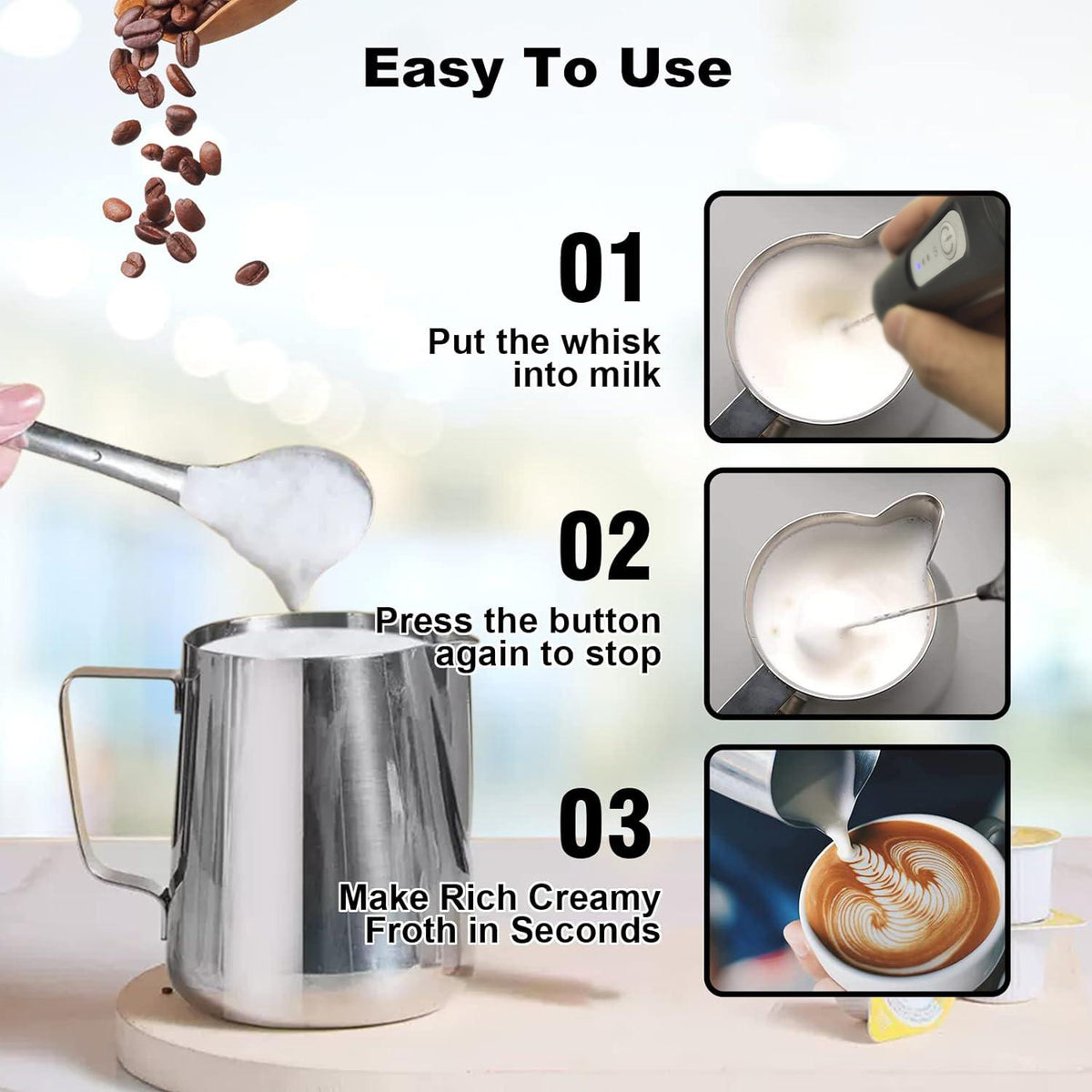 USB Rechargeable 3 Speeds Foam Maker Electric Handle Blender Egg Beater